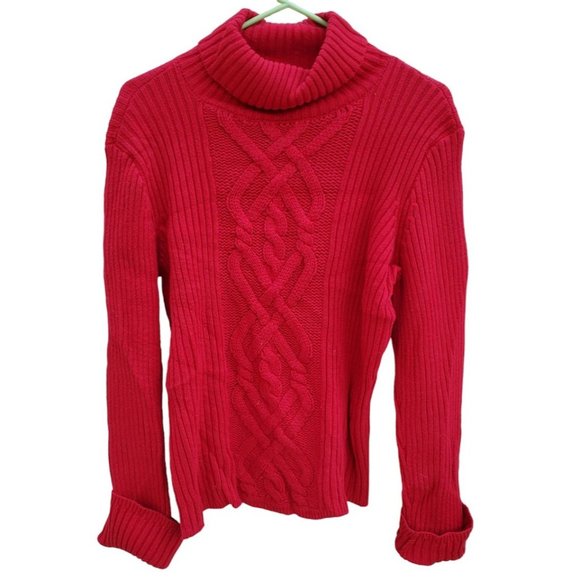 Chaps Ferrari Red Cable Knit Sweater Extra Long Sleeves Turtleneck Cotton Poly M - Picture 1 of 3